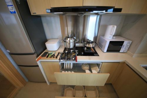a small kitchen with a stove and a microwave at Colorful Yunnan Absolutely Beautiful Dian B&B in Kunming