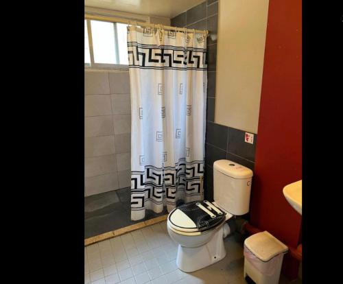 a bathroom with a toilet and a shower curtain at Past or Tail hostel in Larnaka