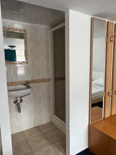 uma casa de banho com um lavatório e um chuveiro em 7Rooms em Telnice