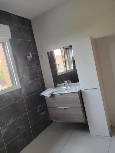 a bathroom with a sink and a mirror at chambres d 'hôtes dans une villa de luxe in Mouvaux