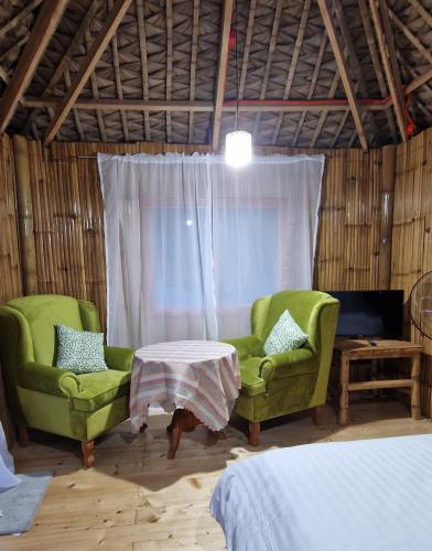 Zimmer mit 2 Stühlen, einem Tisch und einem Bett in der Unterkunft Birbeck Lodge in Bulusan