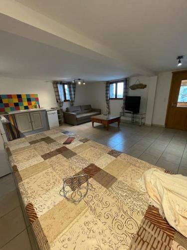 un salon avec un grand lit et un canapé dans l'établissement Appartement paisible près des pistes de ski 4 pers, à Fontrabiouse