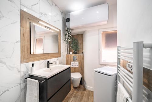 een badkamer met een wastafel, een toilet en een spiegel bij Joli 2 pièces au coeur du Centre-Ville - AW in Antibes