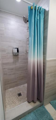 a shower with a blue shower curtain in a bathroom at Eleg Stu Apt with Lux amnts steps frm Nautical Mile in Freeport