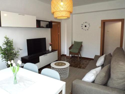 H&H Suite Plaza de Toros في غرناطة: غرفة معيشة بها أريكة وتلفزيون