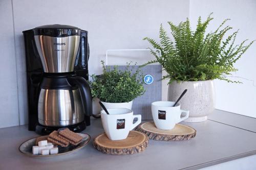 Příslušenství pro přípravu čaje a kávy v ubytování Meszes Apartman