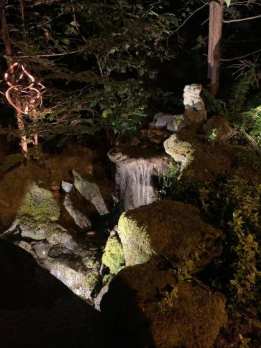 a waterfall in a garden at night at Forest & City Views - Near Portland, Nike & Intel in Beaverton