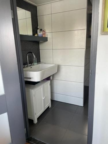 a small bathroom with a sink and a mirror at Aangenaam op de Rijn, woonboot, inclusief privé sauna in Alphen aan den Rijn