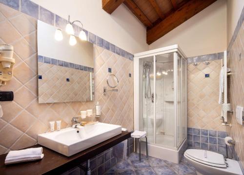 a bathroom with a sink and a shower and a toilet at Best Western Plus Hotel Le Rondini in San Francesco al Campo