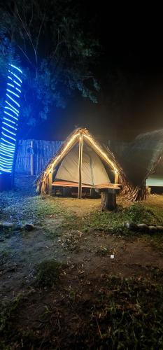 a tent with lights on it in a field at night at Beyond Brahmaputra Campsite 