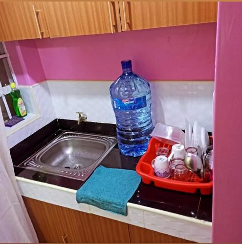 una botella de agua sentada en un mostrador junto a un fregadero en Cosy studio apartment bnb in thika town en Thika