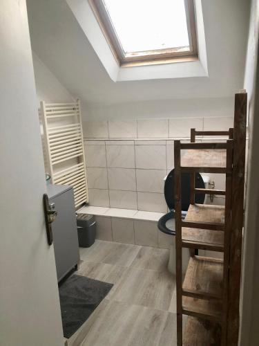 Elle comprend une petite salle de bains pourvue de toilettes et d'une lucarne. dans l'établissement Gîte 10 lits proche forêt Fontainebleau, à Vernou-sur-Seine