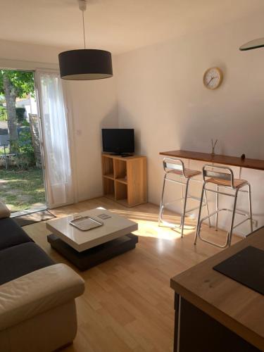 ein Wohnzimmer mit einem Sofa und einem Tisch in der Unterkunft Beau T2 meublé récent in Bouliac