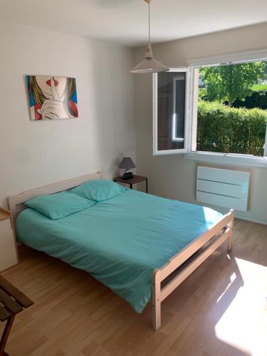 ein Schlafzimmer mit einem Bett mit blauer Decke und einem Fenster in der Unterkunft Beau T2 meublé récent in Bouliac