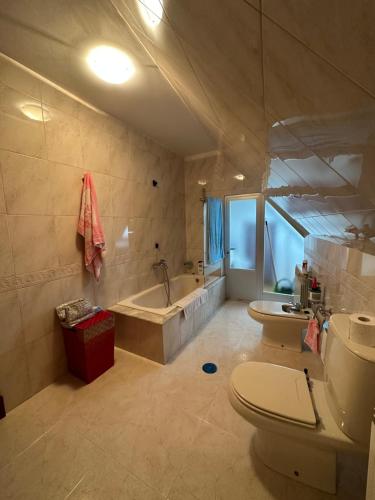 La salle de bains est pourvue d'une baignoire, de toilettes et d'un lavabo. dans l'établissement Casa Ponte Maria, à Pobra do Caramiñal