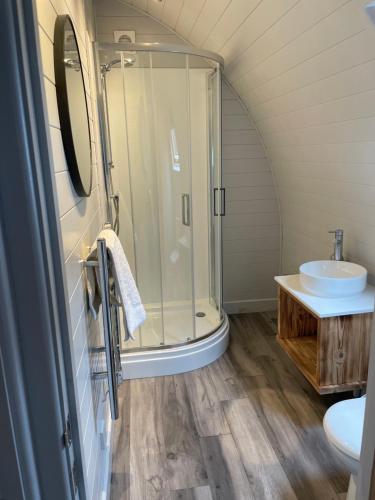 a bathroom with a shower and a sink at ThePod in Penzance