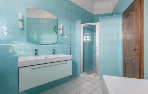 une salle de bain bleue avec un lavabo et un miroir dans l'établissement Villa Baldasera, à Vižinada