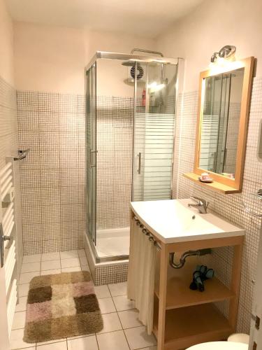 une salle de bain avec un lavabo et une douche dans l'établissement Appartement charmant à Fréjus, 40 m², proche du jardin, à Fréjus
