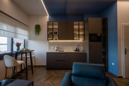 een keuken en een woonkamer met een blauw plafond bij Studio Apartman Stari Toranj IV in Vukovar