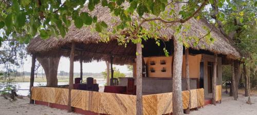a building with a straw roof on the beach at SELOUS RIVER VIEW LODGE in Kwangwazi