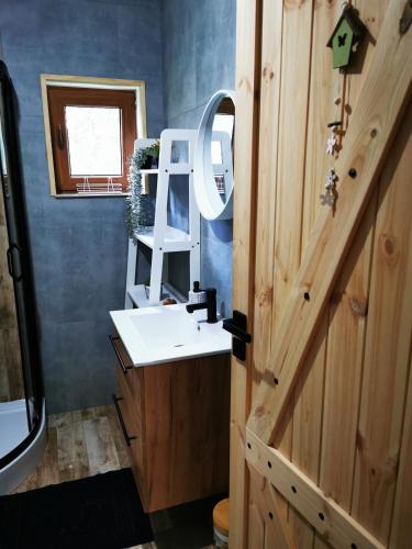 a bathroom with a sink and a mirror at Dom całoroczny Leśny Czar balia, sauna na 12 osób in Raków