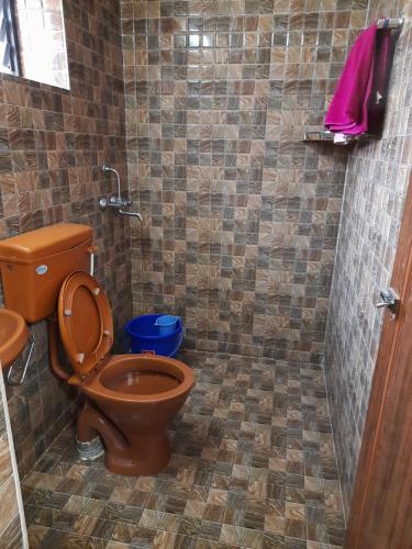 a bathroom with a brown toilet and a shower at Cherry blossom guest house in Arpora