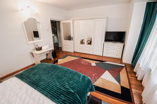 Cette chambre comprend une télévision, un lit et un tapis. dans l'établissement Pensiune Forest Park, à Baia Mare