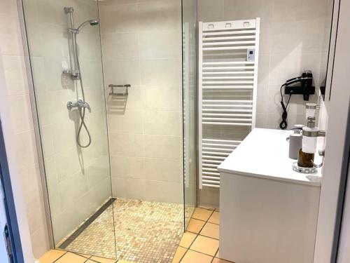 W łazience znajduje się prysznic ze szklanymi drzwiami. w obiekcie Gîte de charme 8 personnes centre Azay le Rideau w mieście Azay-le-Rideau