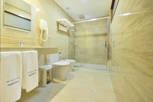 格羅韋的住宿－托哈橋酒店，带淋浴、卫生间和盥洗盆的浴室