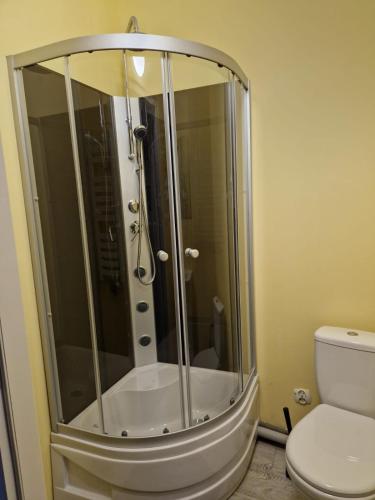 a shower in a bathroom with a toilet at NOCLEGI WOJTEK in Bytów