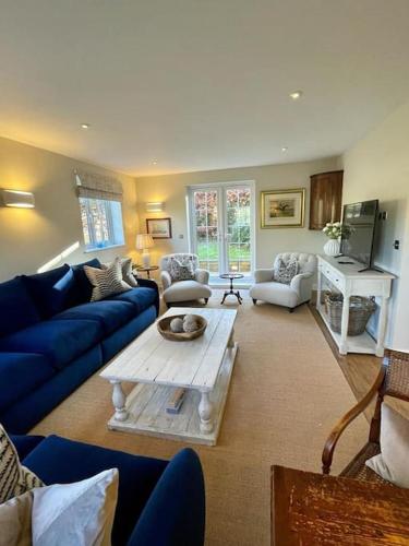 a living room with blue couches and a coffee table at Northbrook Cottage, Farnham, up to 8 adults in Farnham