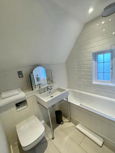 a white bathroom with a toilet and a sink at Northbrook Cottage, Farnham, up to 8 adults in Farnham