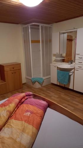 Habitación con baño con cama y lavabo. en Haus Leo, en Bad Mitterndorf
