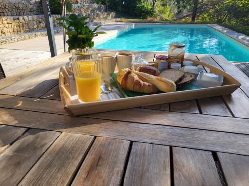 a tray of bread and toast on a table next to a pool at Lou mas del ranc in Roquestéron
