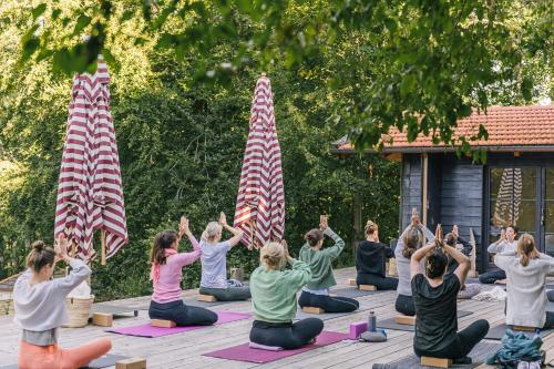 a group of people sitting in a yoga pose with american flags at Blyb Hotel in Gmund am Tegernsee