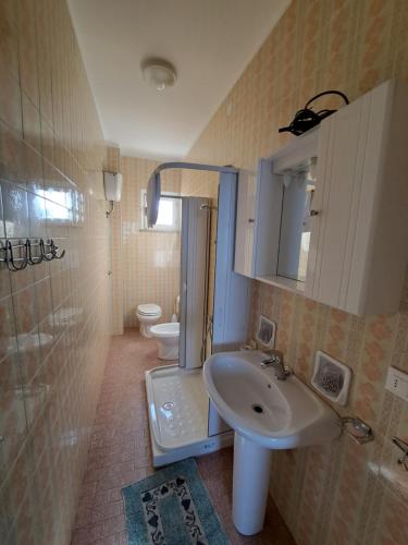 ein Bad mit einem Waschbecken, einer Dusche und einem WC in der Unterkunft Bellavista fronte mare in San Benedetto del Tronto