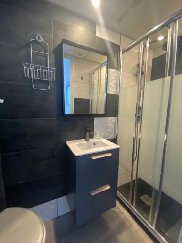een badkamer met een wastafel, een spiegel en een douche bij Cassis Appartement bord de mer, vue exceptionnelle in Cassis