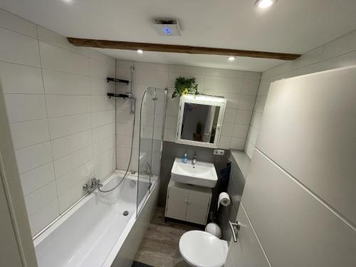 uma casa de banho com um lavatório, uma banheira e um WC. em Ferienwohnung Happynest em Jena