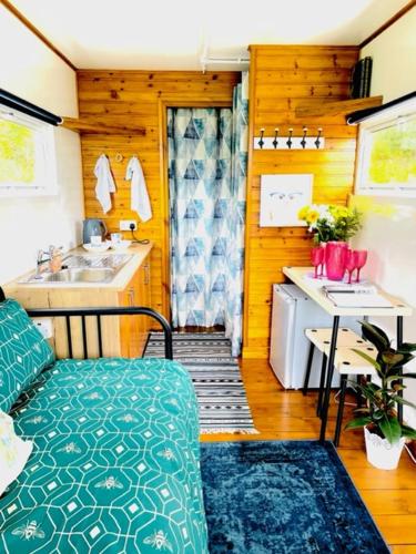 a room with a couch and a sink in a tiny house at The Haycart in Tobar Pheadair