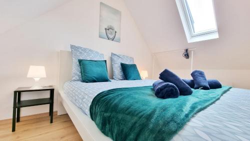 - une chambre avec 2 lits dotés d'oreillers bleus dans l'établissement Le Triplex - 5 chambres - 10 pers- Fibre - Relax BNB, à Mulhouse