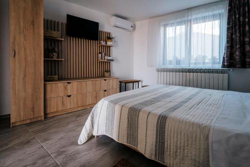 a bedroom with a bed and a television in it at Spacious studio near lake in Năvodari