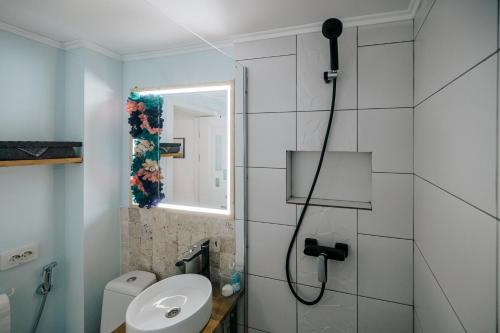 a bathroom with a shower and a sink at 1 bedroom Lake House in Năvodari