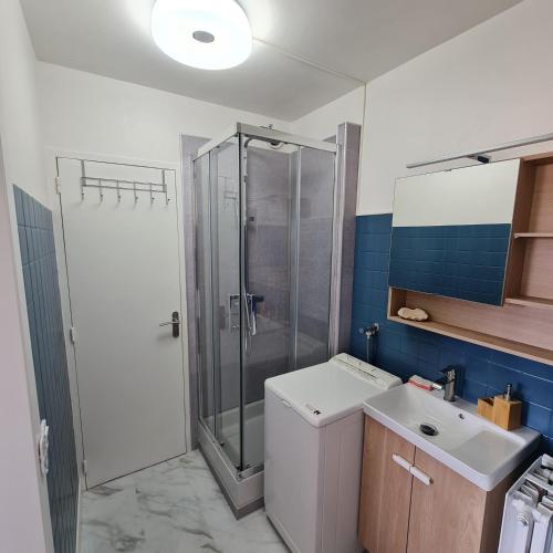 une salle de bain avec une douche, des toilettes et un lavabo dans l'établissement La Madrague appartement front de mer, à Marseille