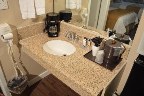 a bathroom counter with a sink and a coffee maker on it at Laramie Valley Inn in Laramie