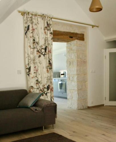 ein Wohnzimmer mit einem Sofa und einem Vorhang in der Unterkunft Appartement lumineux in Dole