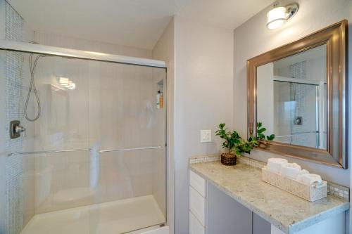 a bathroom with a shower and a glass shower stall at Oceanfront Watsonville Condo with Beach Access! in Watsonville