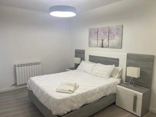 1 dormitorio con 1 cama grande con sábanas blancas en Casa Rocío, en centro de Logroño, en Logroño