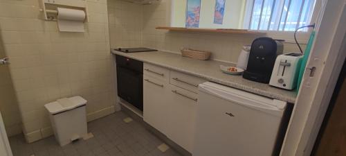 a small kitchen with a counter and a toilet at Refuge La Pena in Vernet-les-Bains