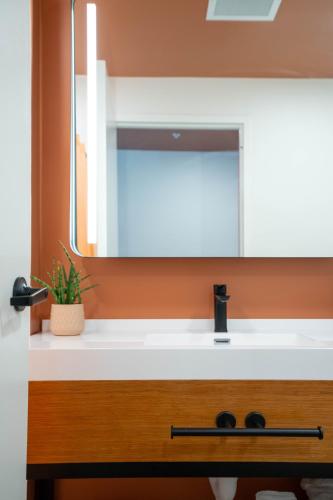 a bathroom sink with a large mirror above it at The Myriad Hotel Louisville, Tapestry Collection by Hilton in Louisville
