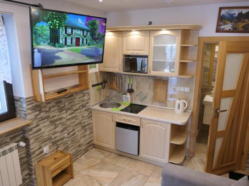 a small kitchen with a flat screen tv on the wall at Kamping u Łukasza in Zakopane